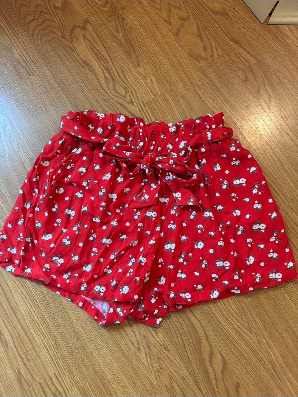 Hollister Red Floral Paperbag Waist Shorts with Front Tie